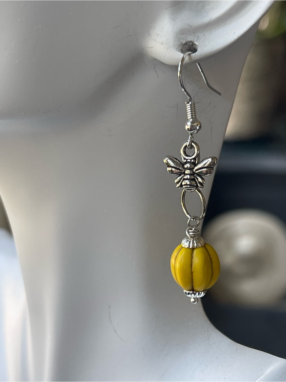 Yellow Bee Charm Dangle Earrings on fishhook ear wires